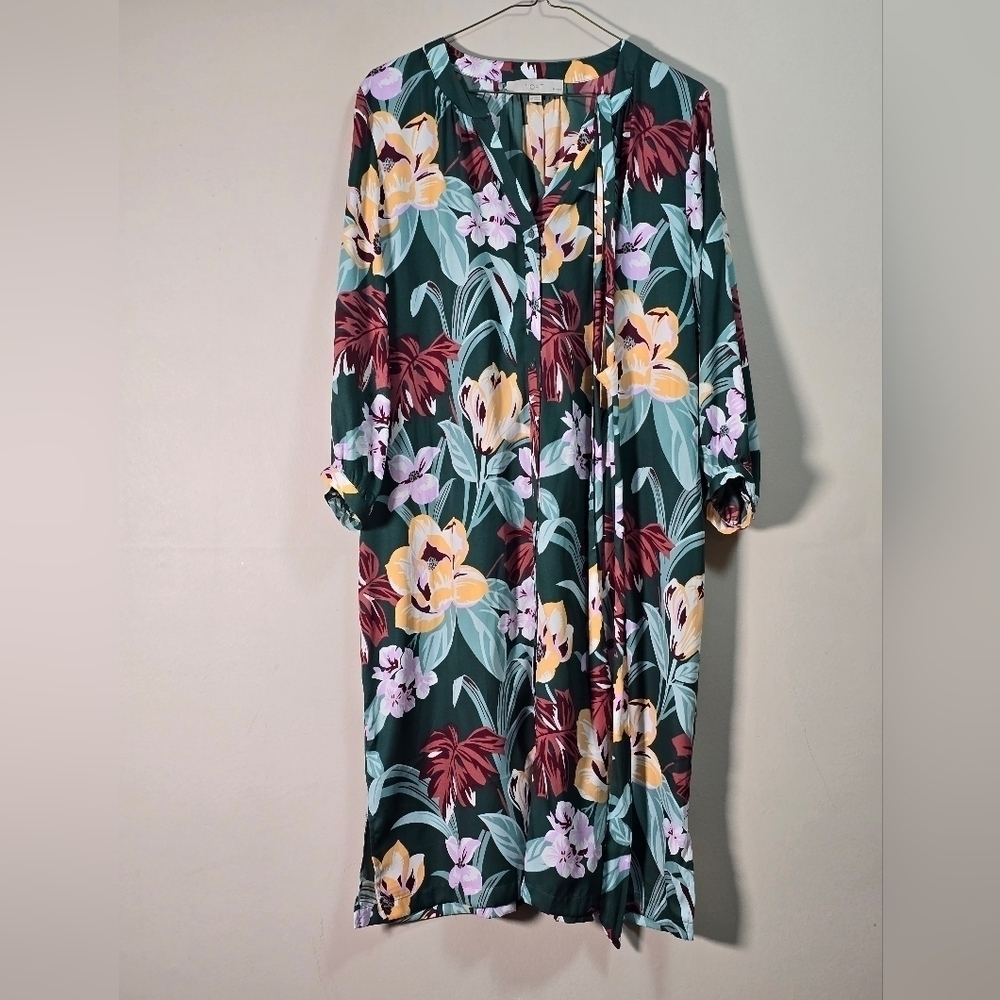 Loft button-down belted vibrant tropical floral dress shirt size medium petites